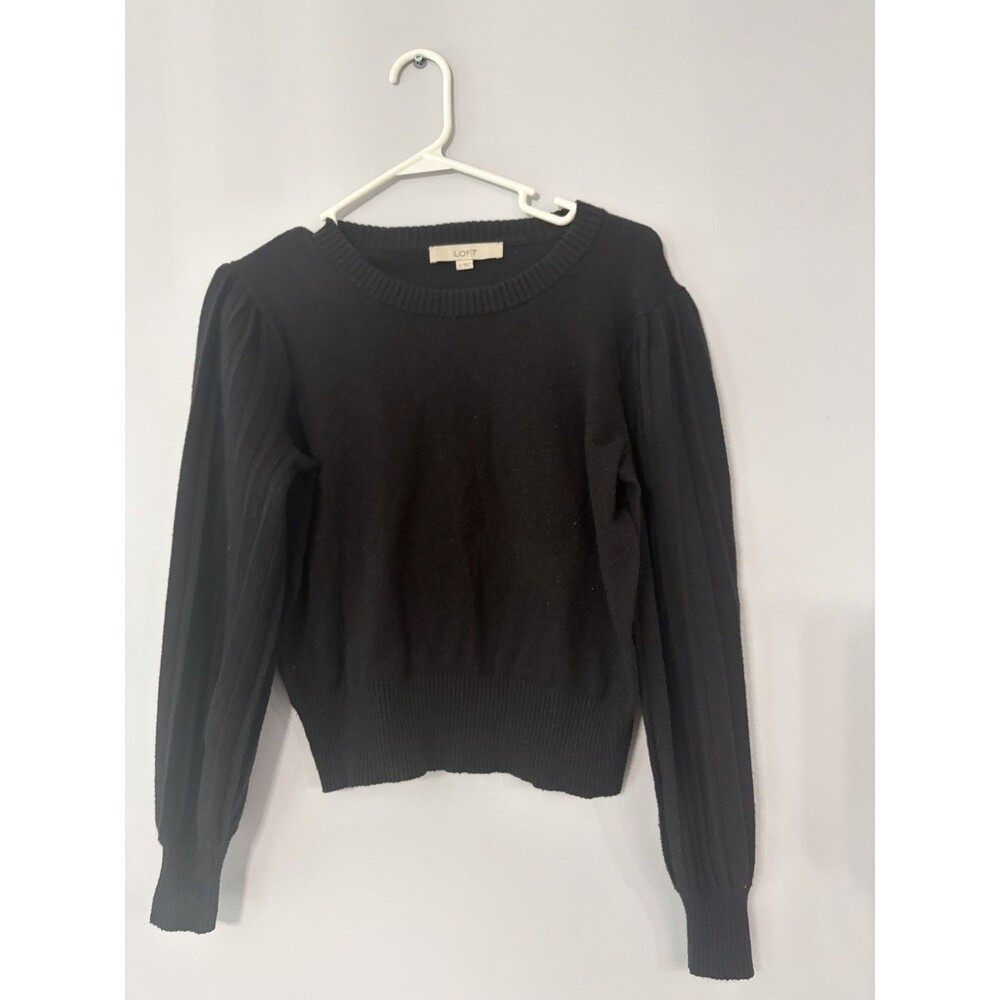 Ann Taylor LOFT Chunky Knit Ribbed Puff Sleeve Pullover Sweater Black XL